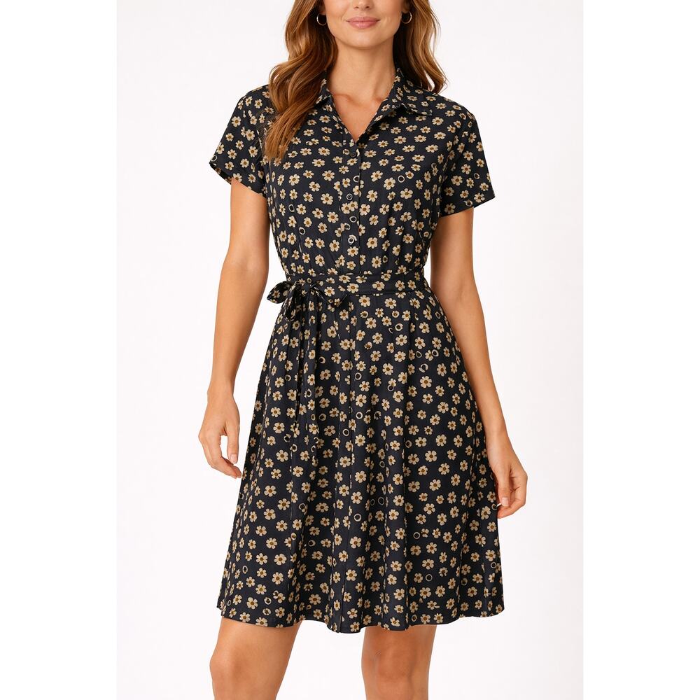 Sundance Cotton Shirt Dress Daisy Print Tie Waist Black Size 4